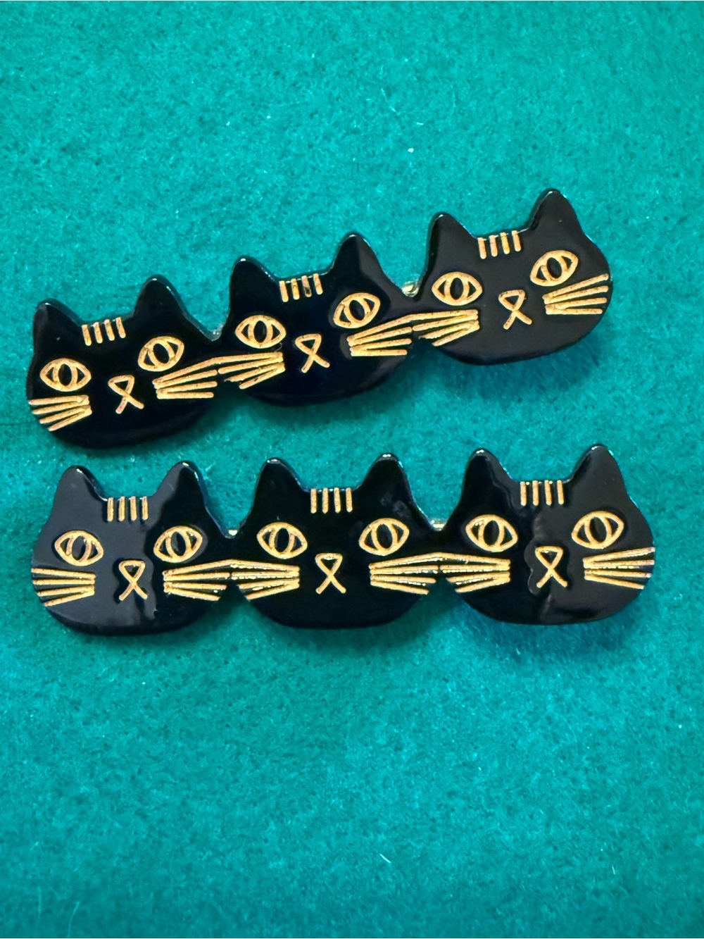 Black Cat Hair Clips with Gold Accents - Cute Cat Face Design